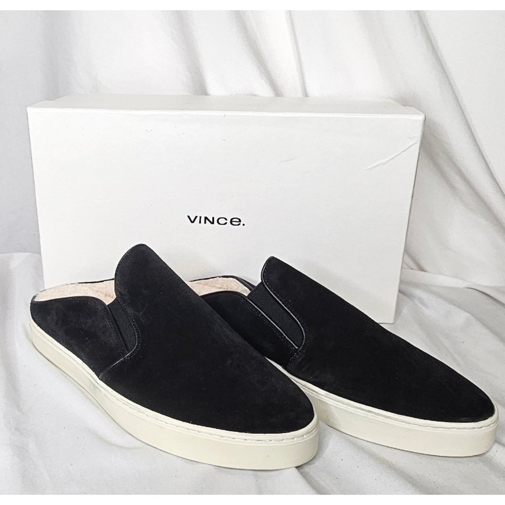 NIB Vince Warren Suede Shearling Lined Mule Sneakers Black Platform Slide Shoes
